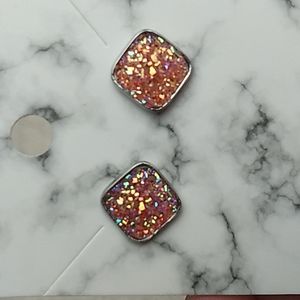 Stainless Steel Druzy Stud Earrings Square Shape Peach w Silver (8)